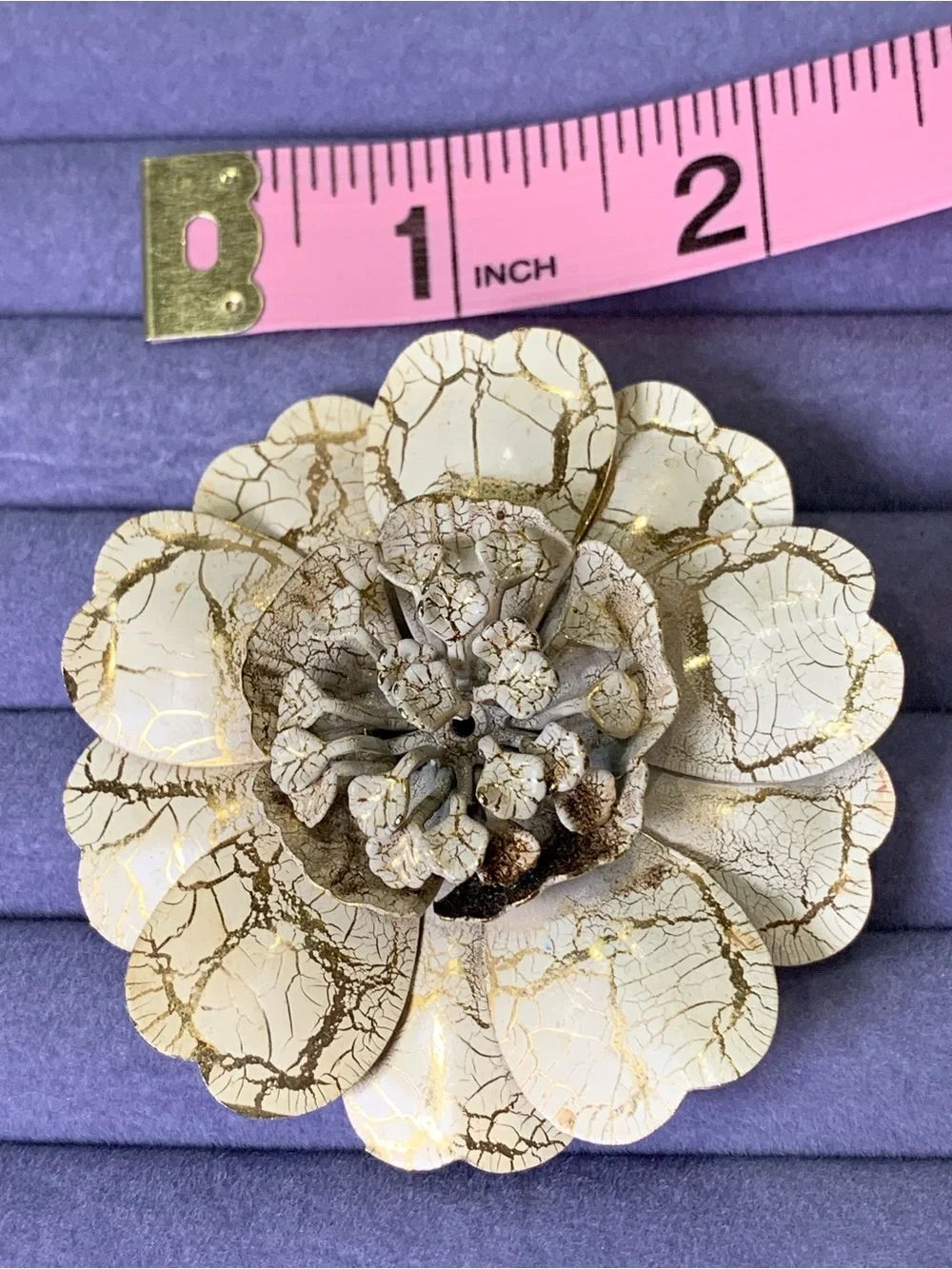 Vintage Layered Crackle Enamel Flower Brooch, Cream and Gold
